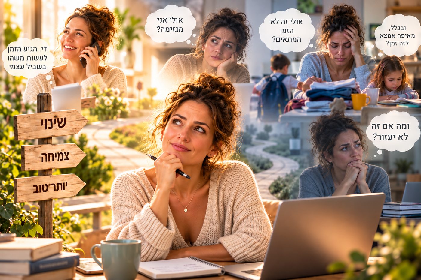 אישה מתלבטת ליד שלטים: שינוי, צמיחה, יותר טוב