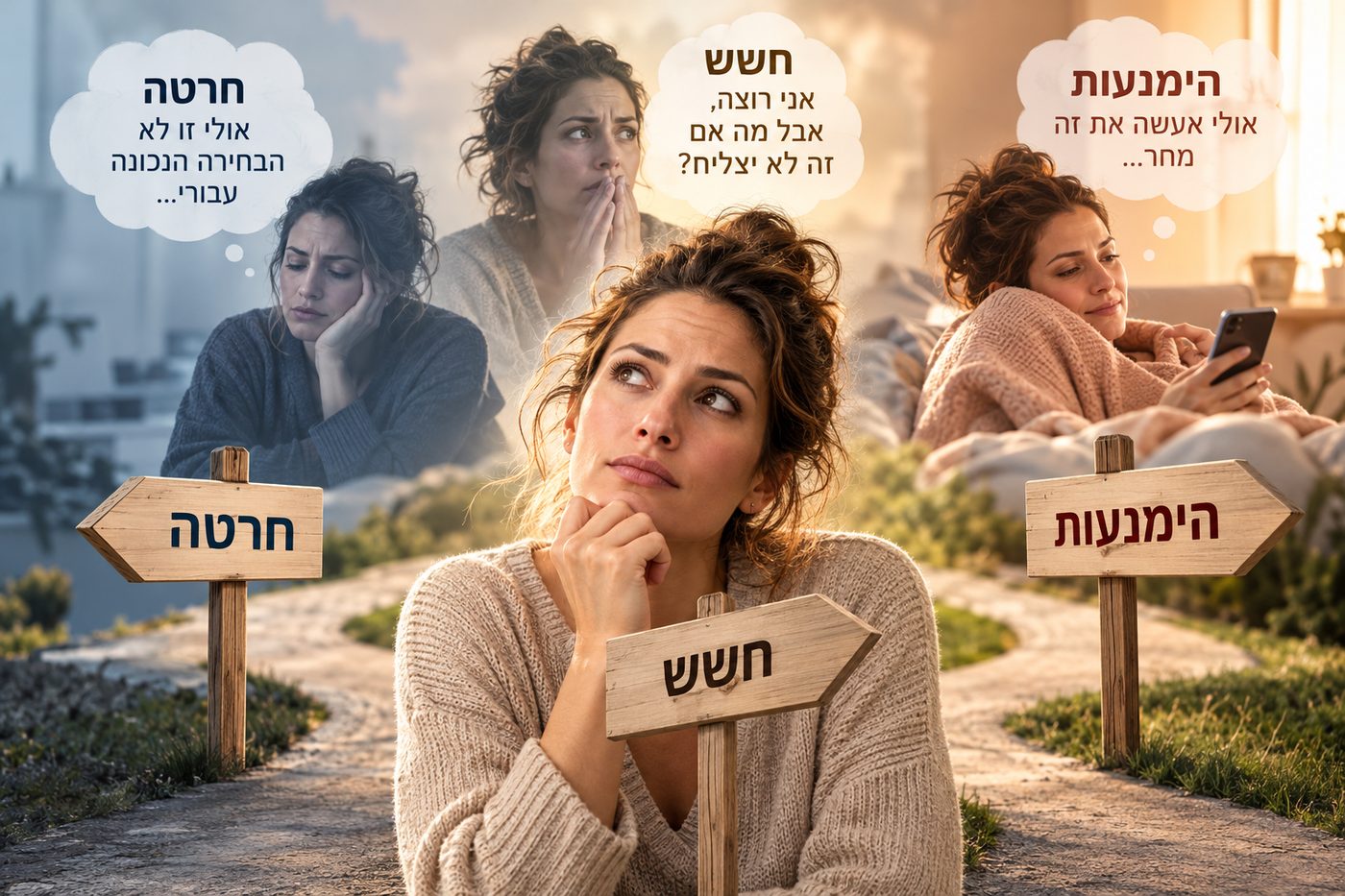 אישה עומדת בצומת דרכים עם שלטים: חרטה, חשש והימנעות
